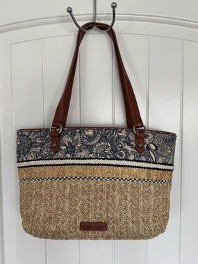 Sakroots Straw Tote Bag Navy Floral Trim Woven Beach Bag Boho